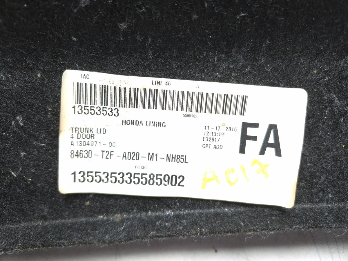 2017 Honda Accord Rear Trunk Lid Inner Trim Cover 84630-t2f-a02za OEM
