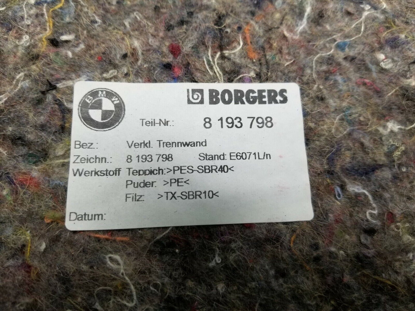 01 02 03 04 05 BMW E46 Sdn Rear Trunk Partition Seat Back Carpet OEM 125k Miles