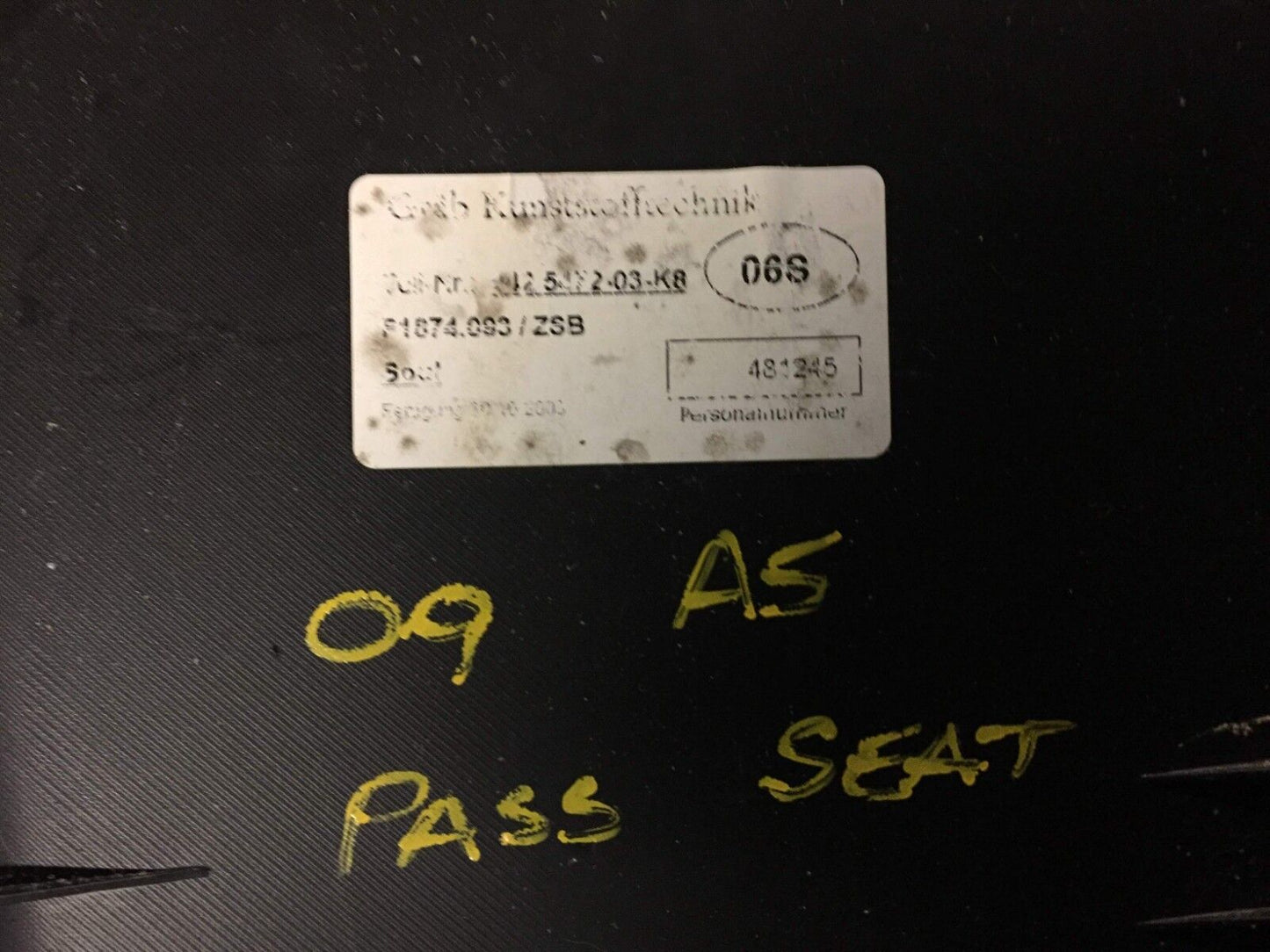 08 09 10 11 Audi A5 Coupe Front Passenger Seat Back Panel Cover W/ Net OEM D7