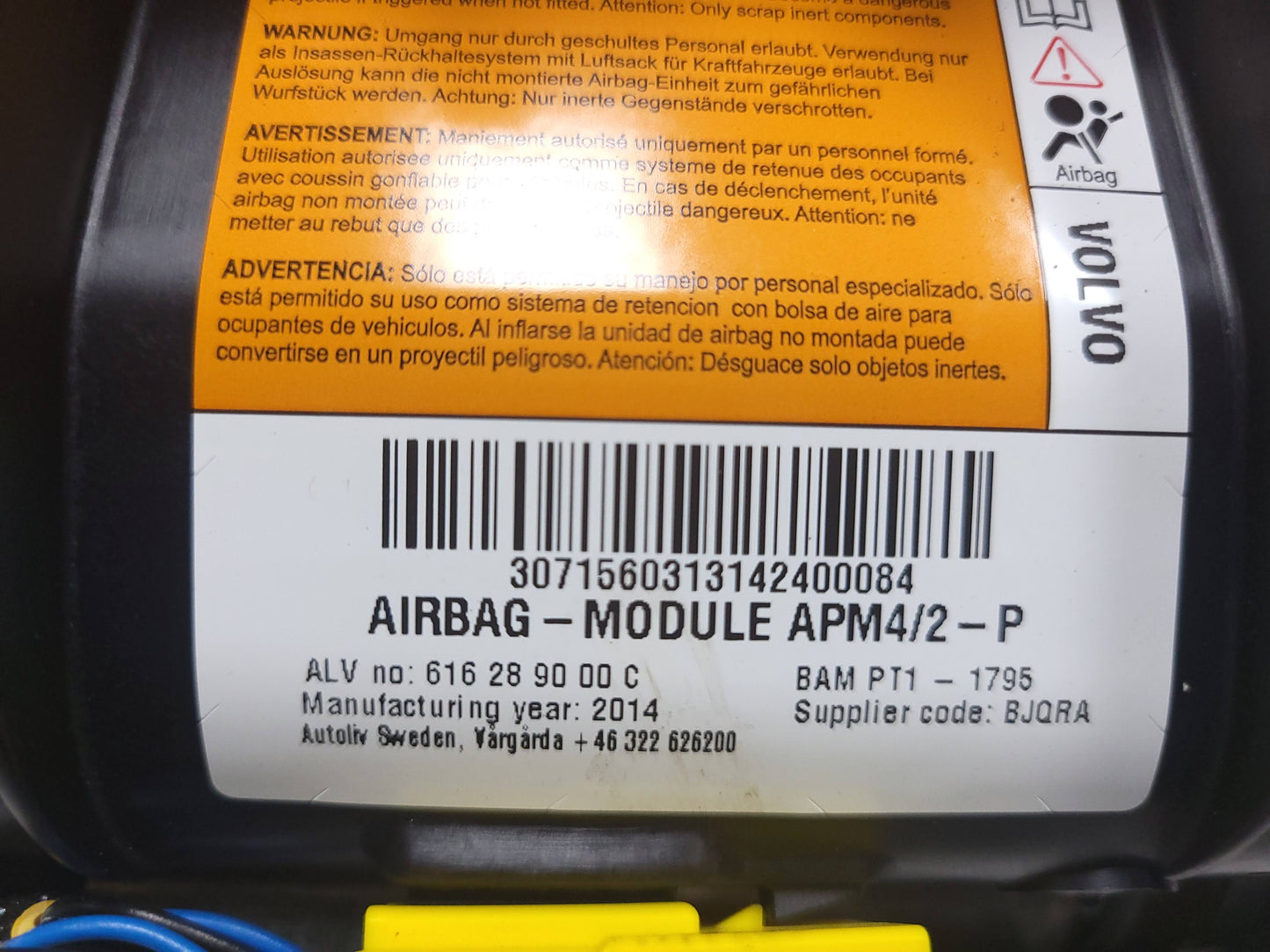 2013-2018 Volvo S60 Dash Dashboard Air Bag SRS Airbag Right Passenger OEM