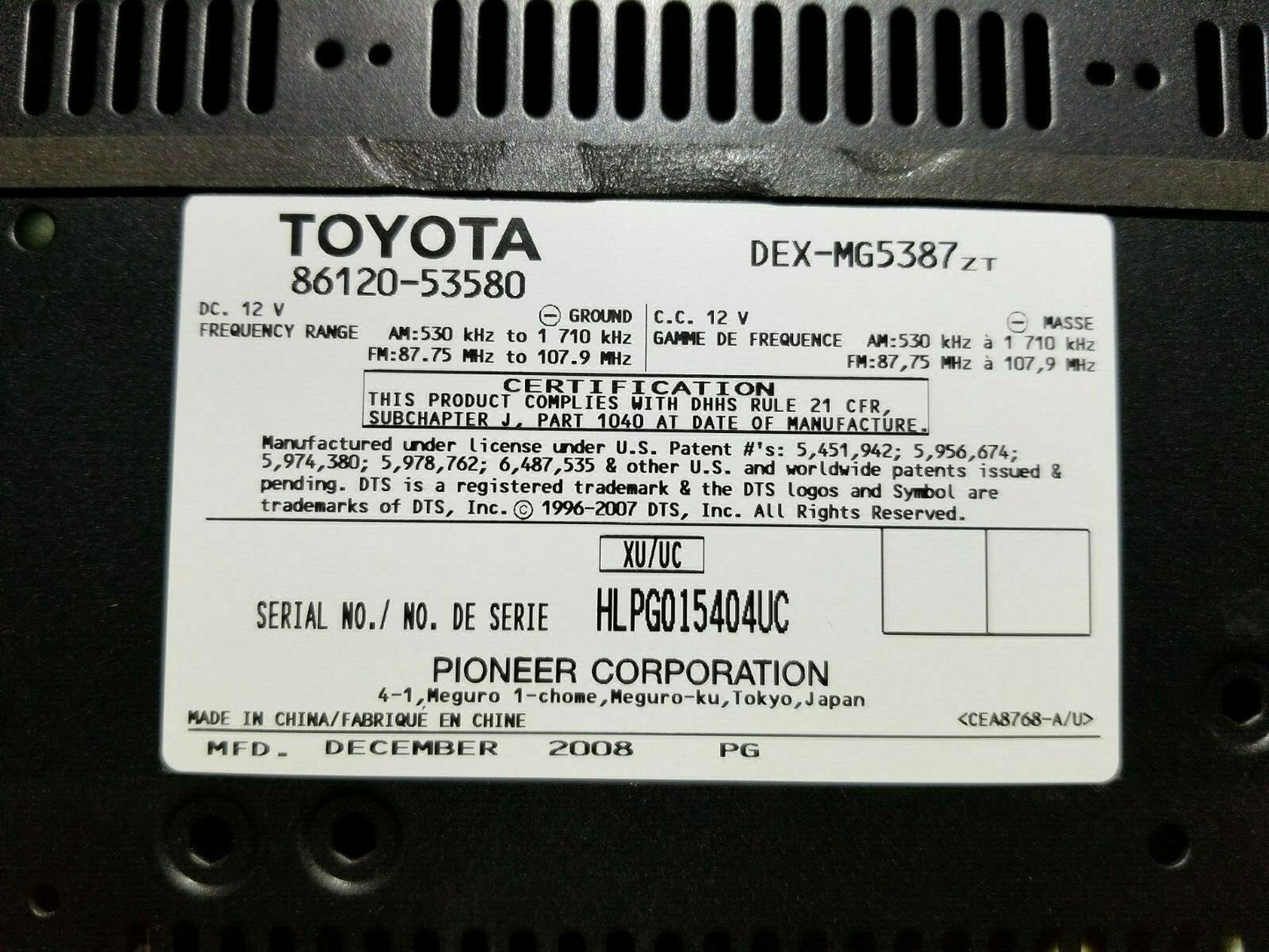 09 10 11 12 13 Lexus IS250 AM FM 6cd Radio Player Receiver Dex-mg5387 OEM