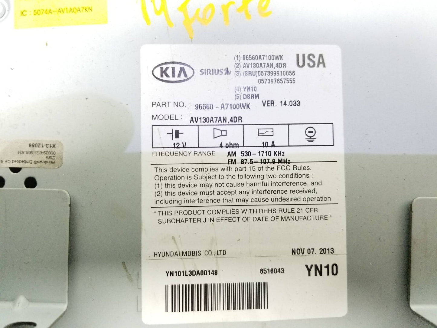 2014 Kia Forte Radio Cd Player Receiver Navigation OEM