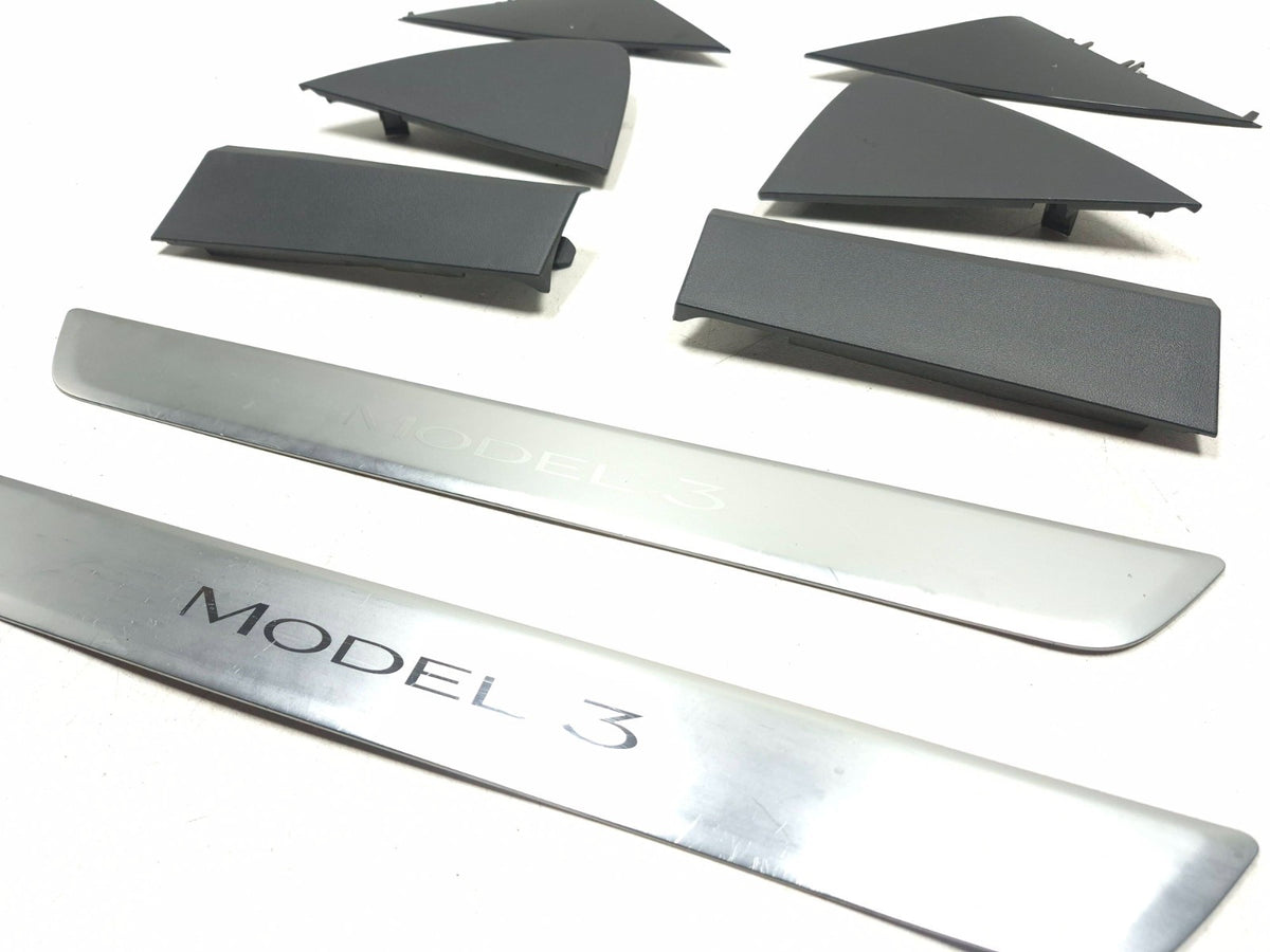 2020 Tesla Model 3 Dashboard End Cap & Front Door Sill Scuff Plate Set OEM