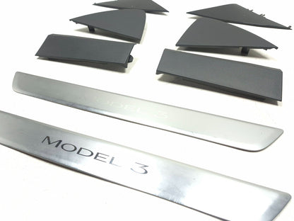 2020 Tesla Model 3 Dashboard End Cap & Front Door Sill Scuff Plate Set OEM