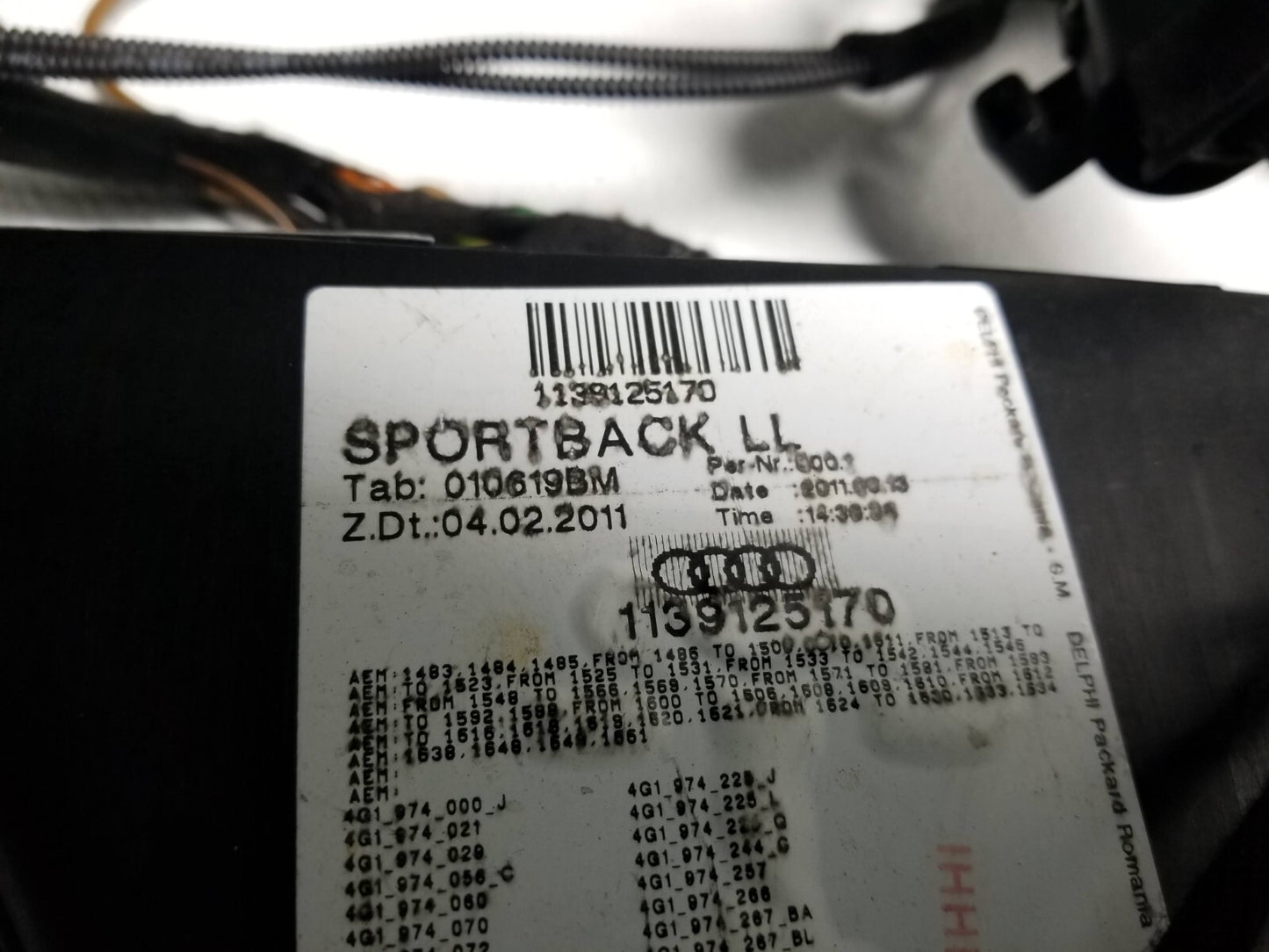 2012 Audi A7 Interior Wire Harness OEM