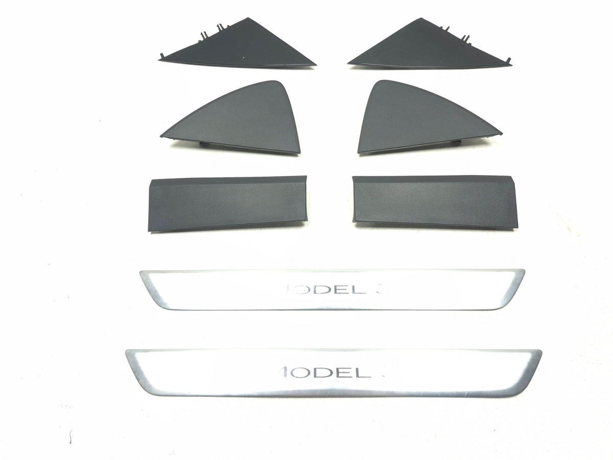 2020 Tesla Model 3 Dashboard End Cap & Front Door Sill Scuff Plate Set OEM