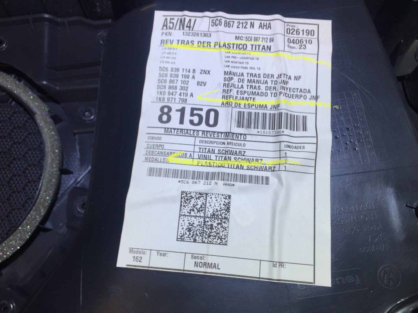 2013 Volkswagen Jetta Rear Door Trim Panel Right Passenger Side  OEM