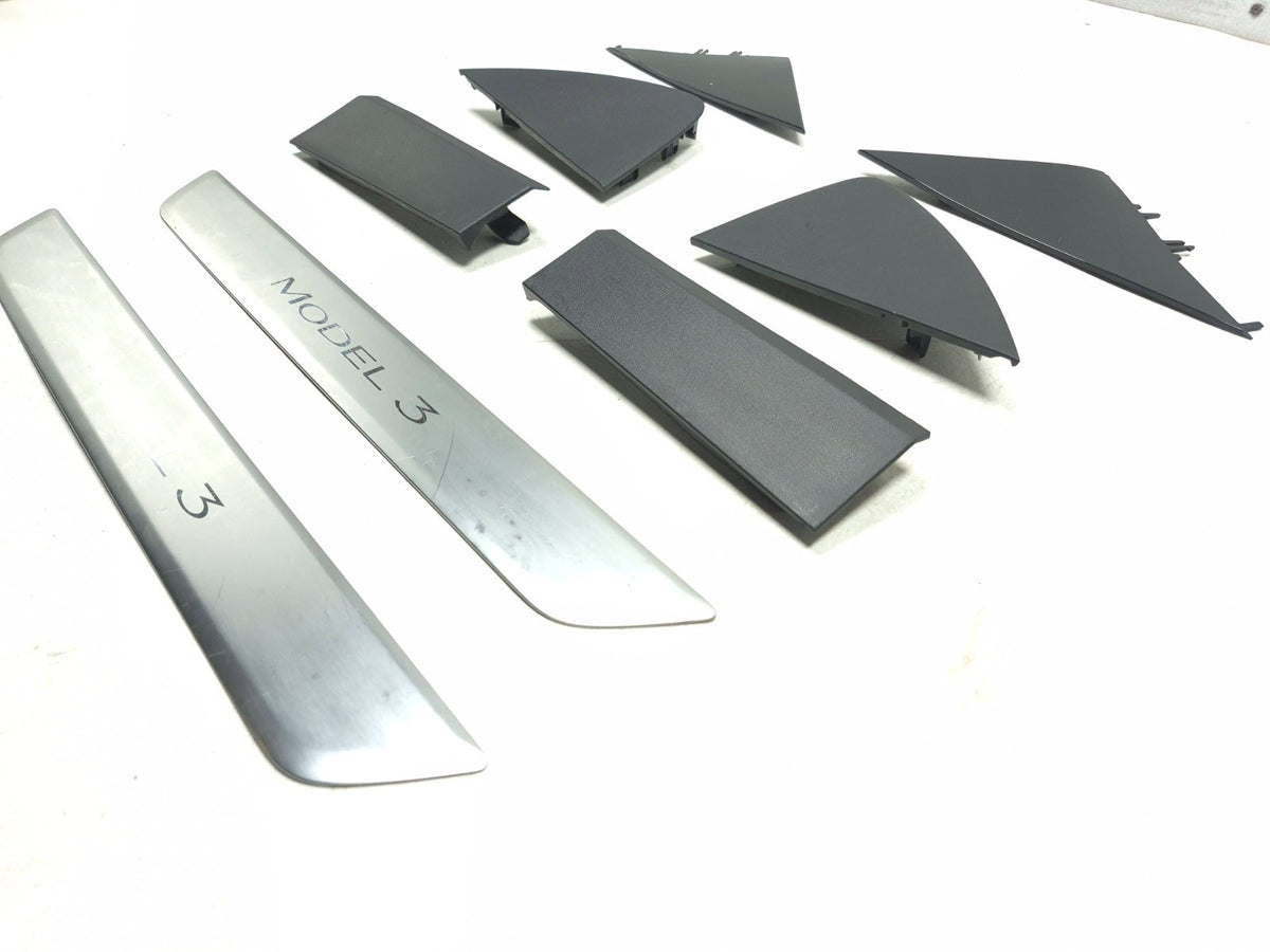 2020 Tesla Model 3 Dashboard End Cap & Front Door Sill Scuff Plate Set OEM