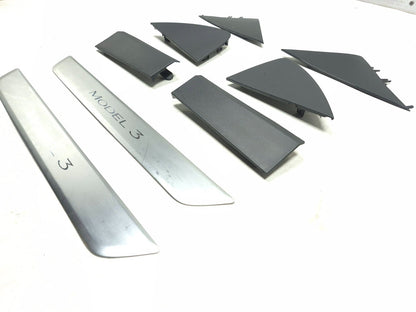 2020 Tesla Model 3 Dashboard End Cap & Front Door Sill Scuff Plate Set OEM