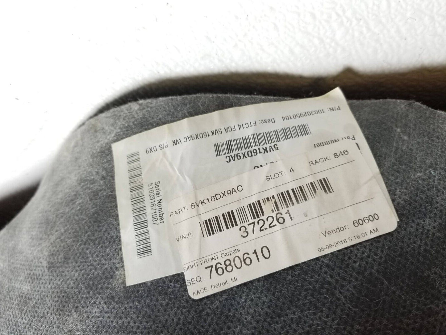 2018 Dodge Durango Floor Liner Mat Interior Carpet Front Passenger Side Righ OEM
