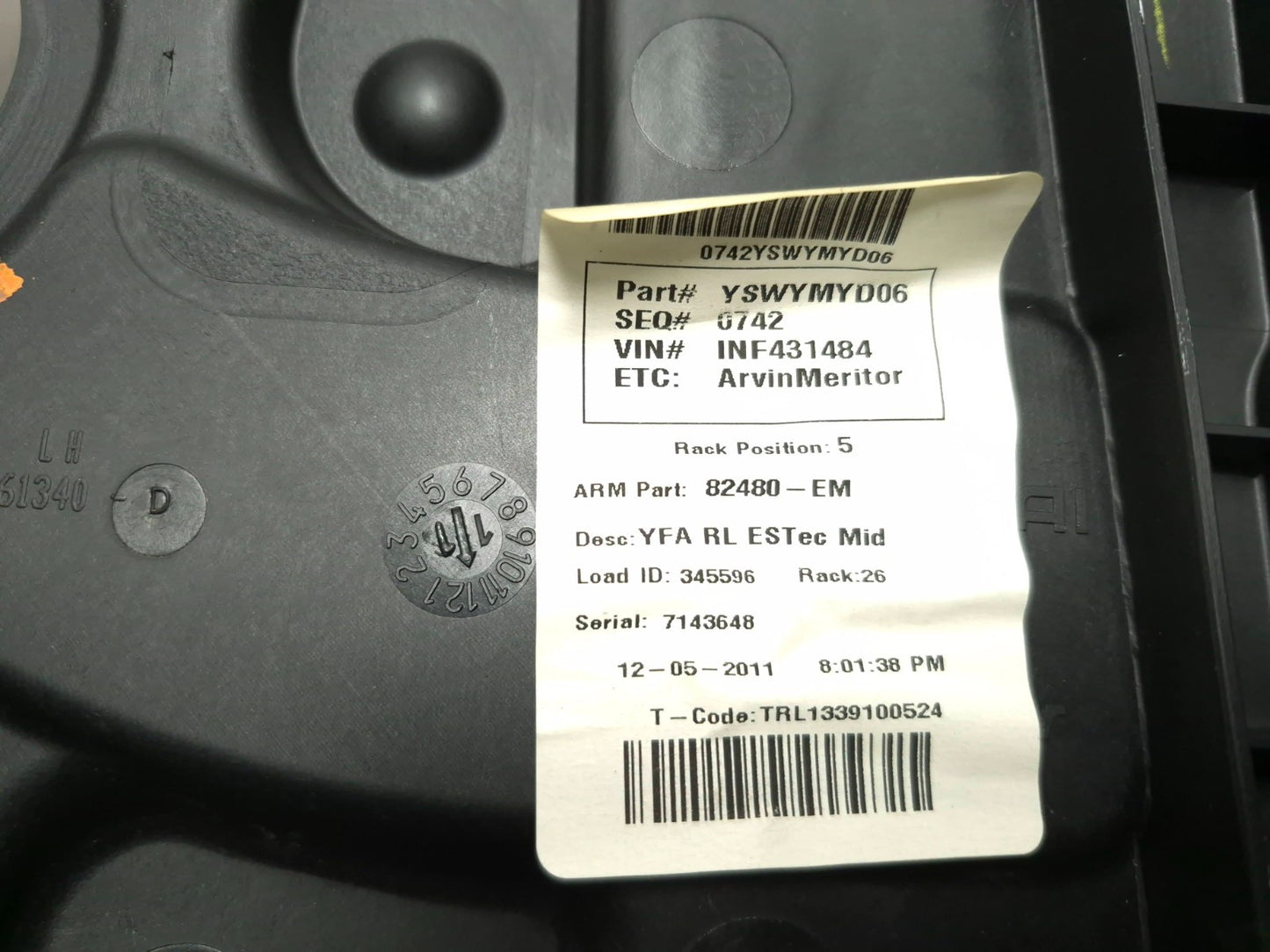 2012 Hyundai Sonata Window Regulator Rear Driver Side Left OEM