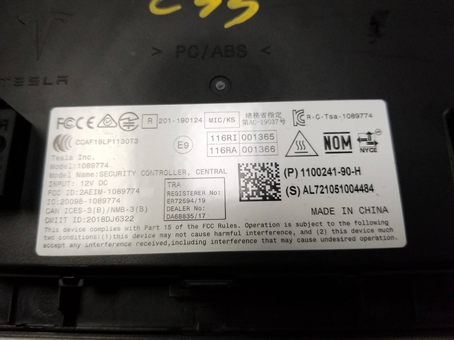 2021 Tesla Model 3 Central Security Ecu Control Unit W/ Cup Holder OEM