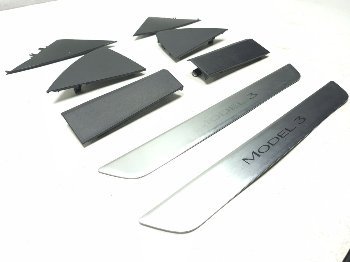 2020 Tesla Model 3 Dashboard End Cap & Front Door Sill Scuff Plate Set OEM