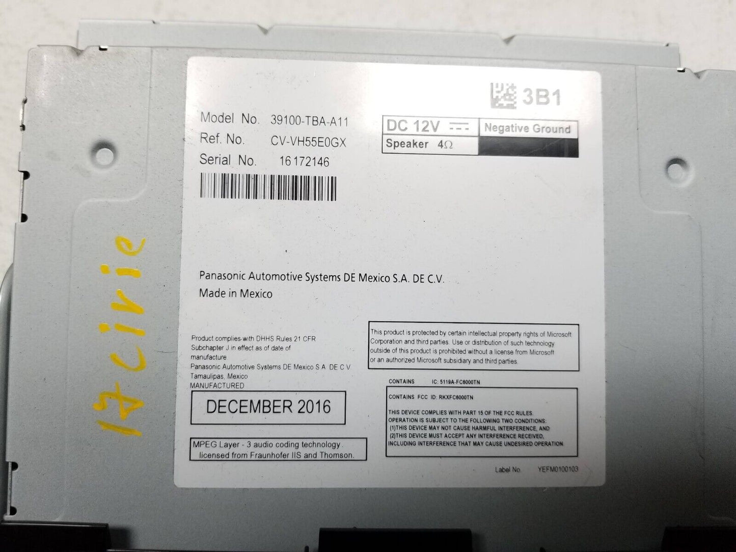 16 17 Honda Civic Sedan AM FM Cd Player Receiver 39100-tba-a11 OEM