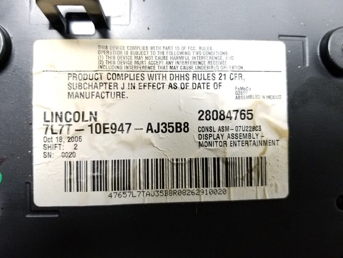2007 - 2014 Lincoln Navigator Overhead Roof Entertaimen Display Screen OEM
